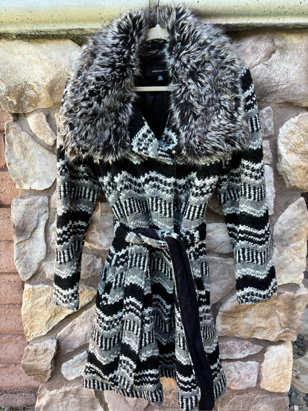 Jones New York Mohair Wool Blend Coat Southwestern Pattern Belted Faux Fur XL
